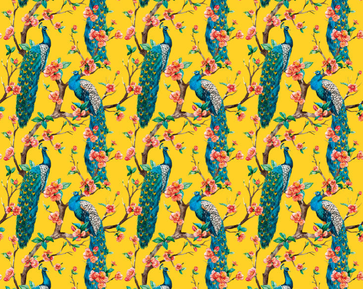 Origin Murals Flowery Peacocks Yellow 350cm X 280cm