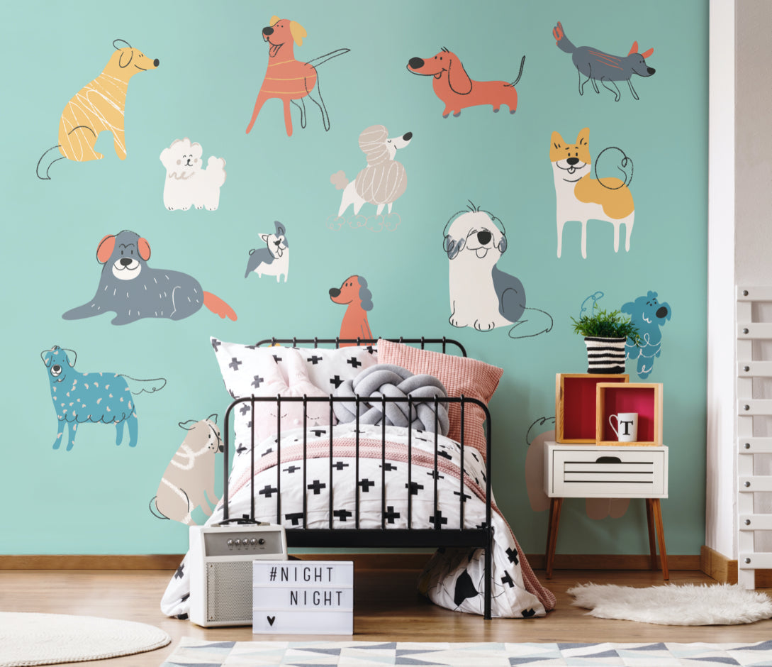 Origin Murals Happy Dogs Teal Blue 350cm X 280cm