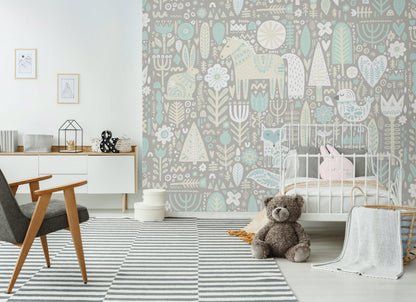 Origin Murals Scandi Forest Animals Warm Grey 350cm X 280cm
