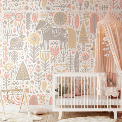 Origin Murals Scandi Forest Animals Blush Pink Grey 350cm X 280cm