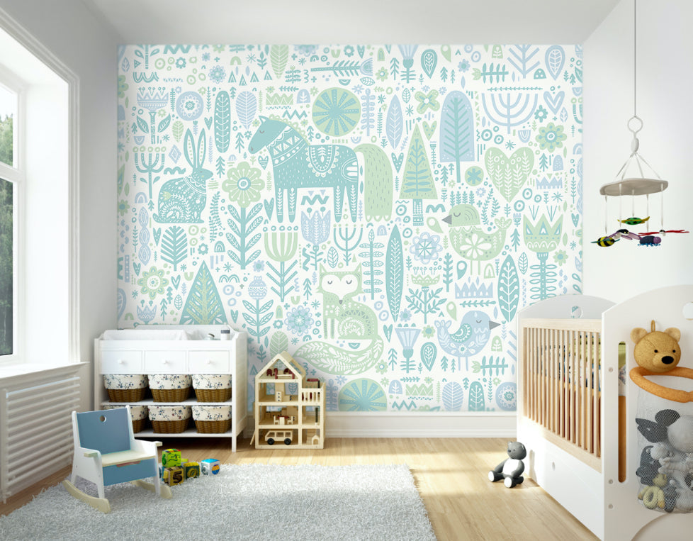 Origin Murals Scandi Forest Animals Teal Blue 300cm X 240cm