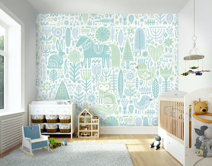 Origin Murals Scandi Forest Animals Teal Blue 300cm X 240cm
