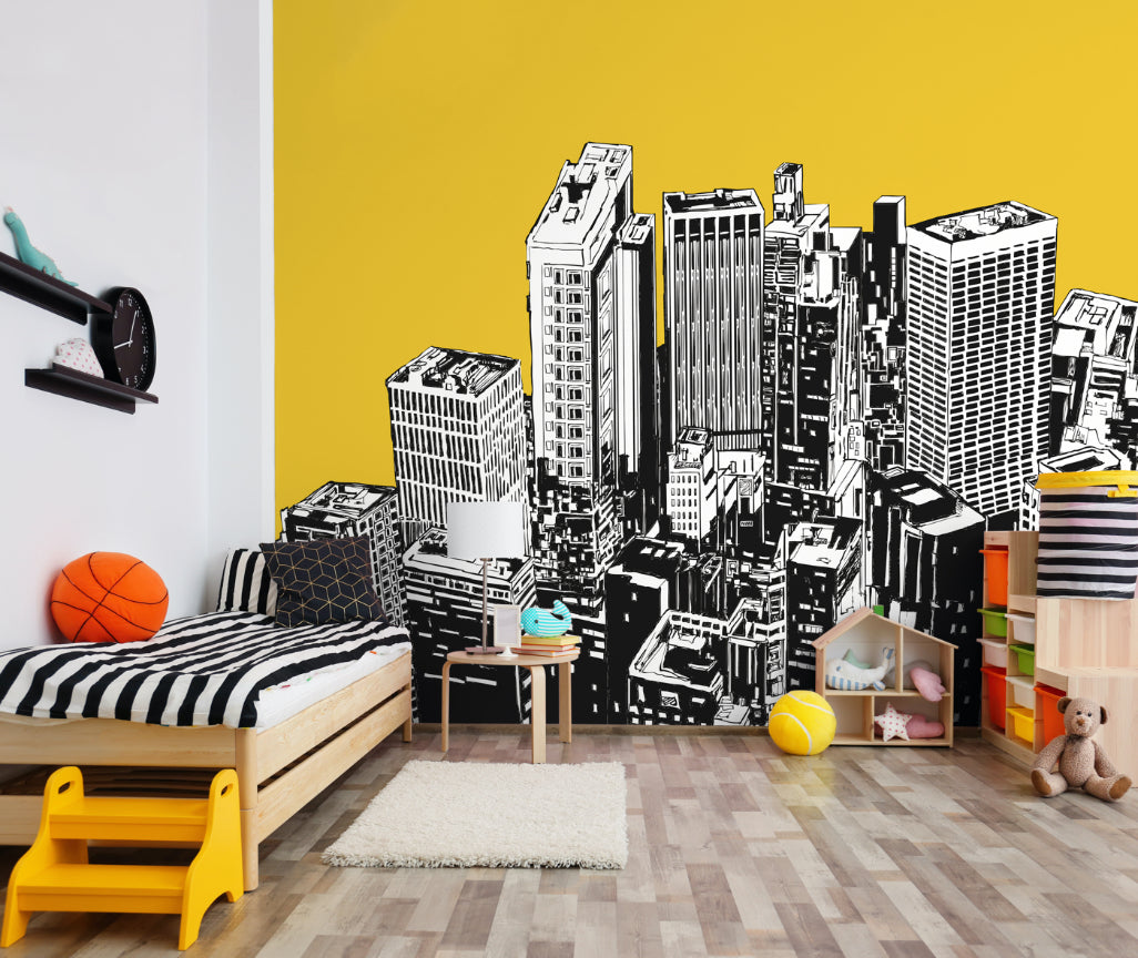Origin Murals Urban City Skyscrapers Yellow Gold 350cm X 280cm - Hot Tub Shop