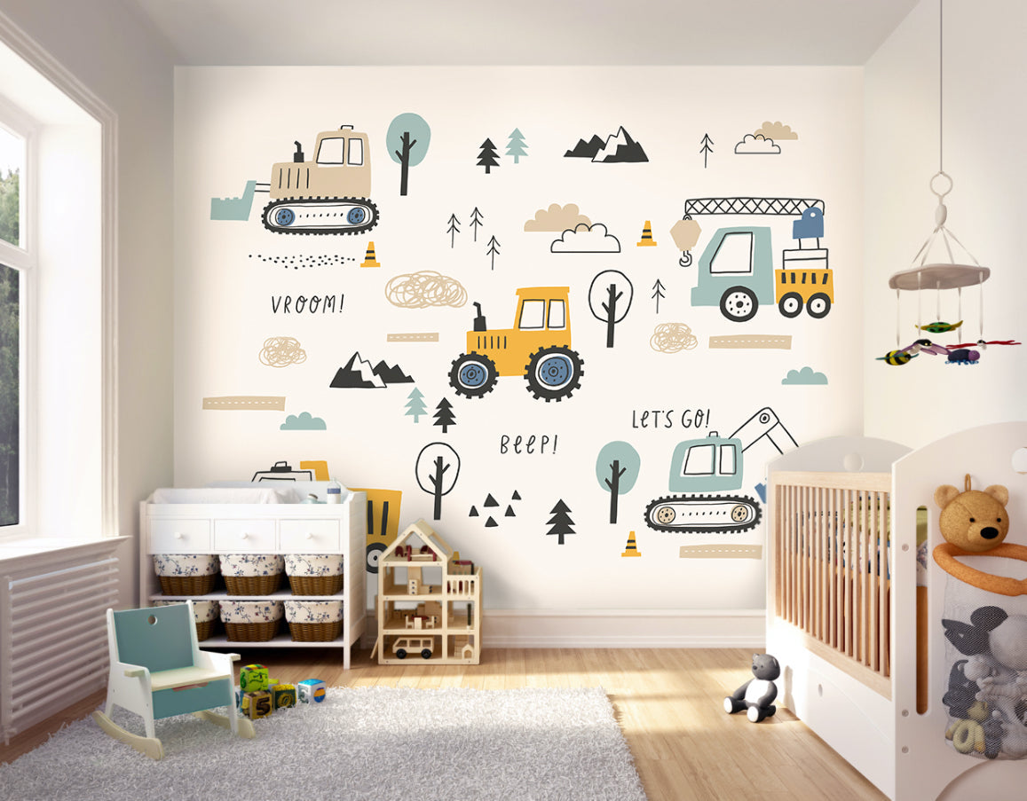 Origin Murals Tractors And Diggers Duckegg Blue 350cm X 280cm