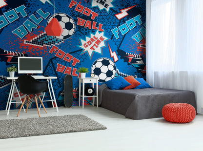 Origin Murals Graphic Pixel Footballs Blue 300cm X 240cm