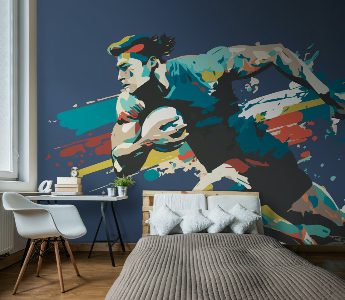 Origin Murals Rugby Player In Graphic Style Blue 350cm X 280cm
