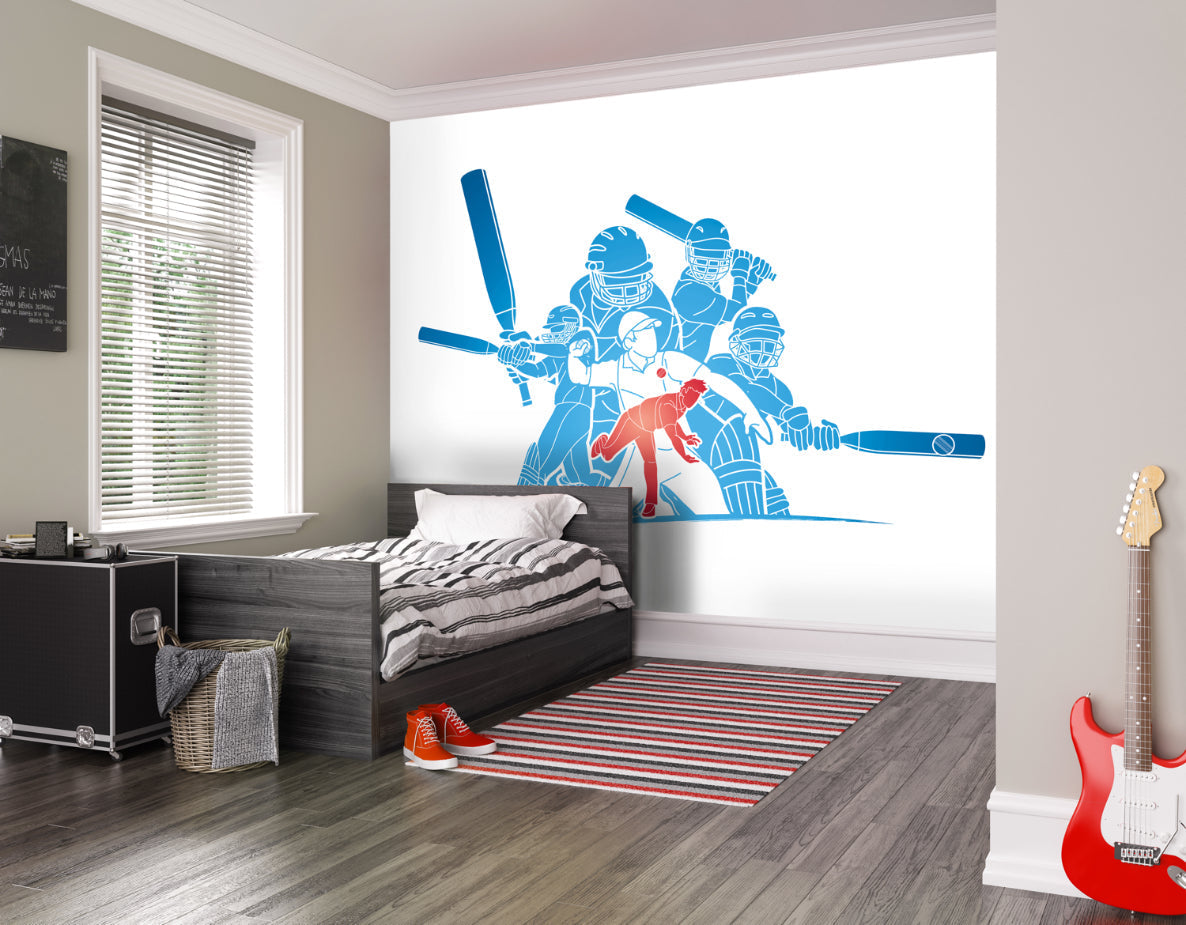 Origin Murals Cricket Players Blue 350cm X 280cm