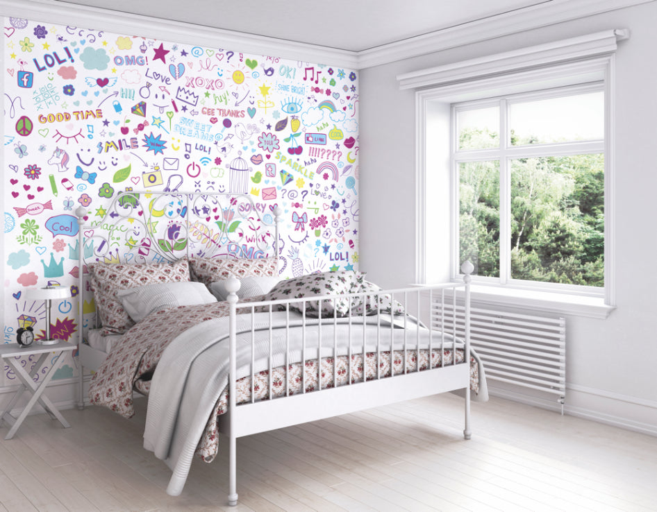 Origin Murals Social Doodle Text Purple 350cm X 280cm