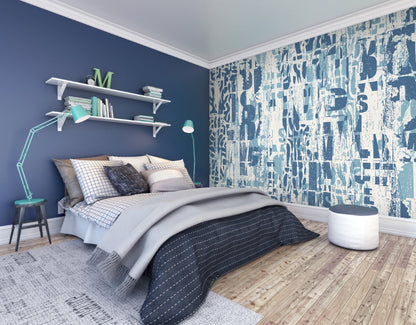 Origin Murals Letterpress Graffiti Denim Blue 350cm X 280cm