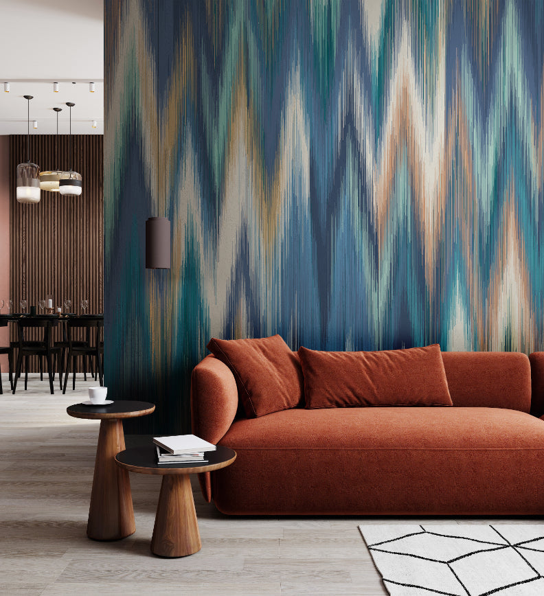 Origin Murals Ikat Zig Zag Indigo Blue 350cm X 280cm