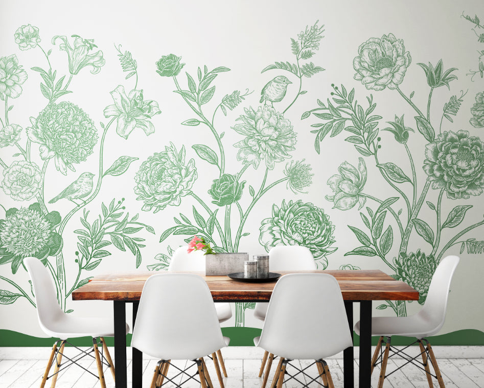 Origin Murals Jacobean Rose Trail Forest Green 350cm X 280cm - Hot Tub Shop