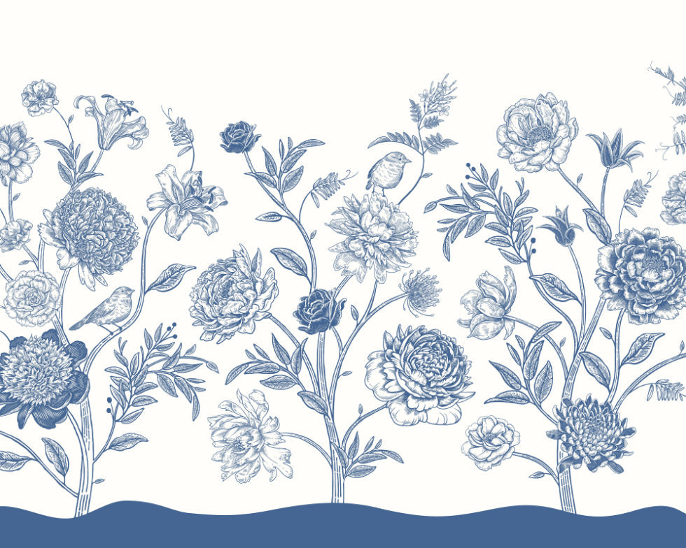 Origin Murals Jacobean Rose Trail Navy Blue 350cm X 280cm
