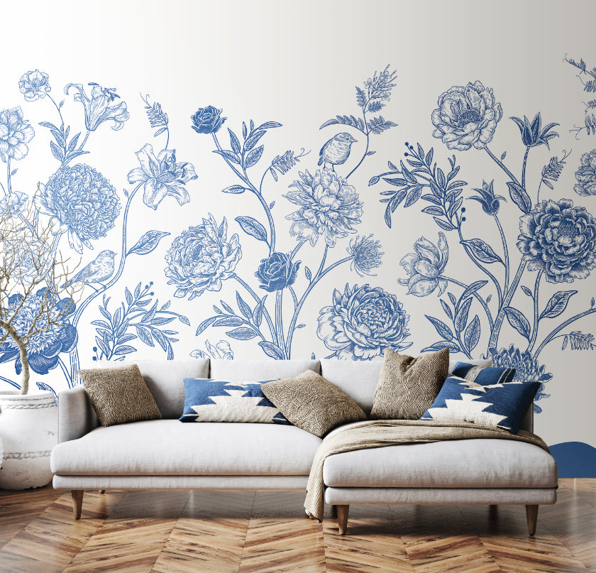 Origin Murals Jacobean Rose Trail Navy Blue 350cm X 280cm