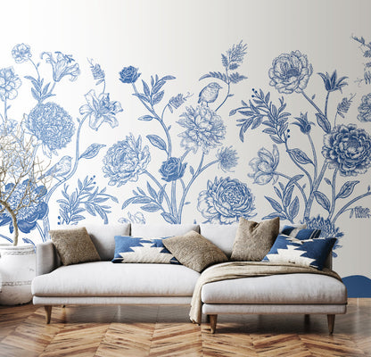 Origin Murals Jacobean Rose Trail Navy Blue 350cm X 280cm
