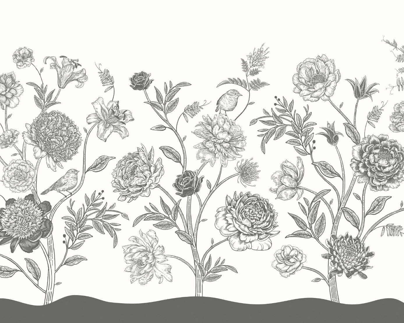 Origin Murals Jacobean Rose Trail Black White 350cm X 280cm