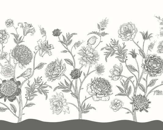 Origin Murals Jacobean Rose Trail Black White 300cm X 240cm