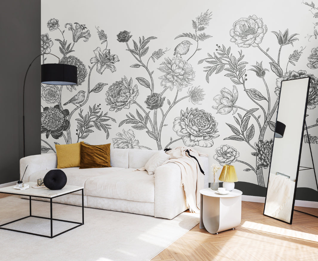 Origin Murals Jacobean Rose Trail Black White 300cm X 240cm