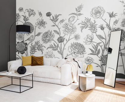 Origin Murals Jacobean Rose Trail Black White 300cm X 240cm