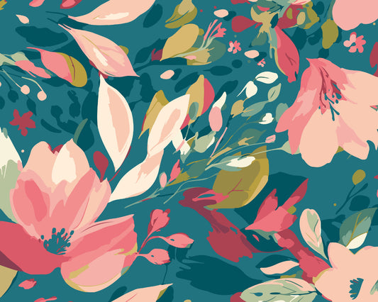 Origin Murals Flowing Flowers Teal Blue Coral 350cm X 280cm - Hot Tub Shop