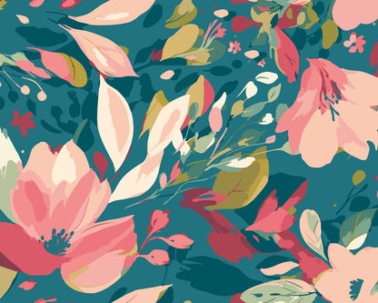 Origin Murals Flowing Flowers Teal Blue Coral 300cm X 240cm