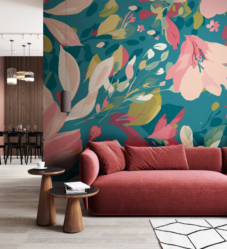 Origin Murals Flowing Flowers Teal Blue Coral 300cm X 240cm