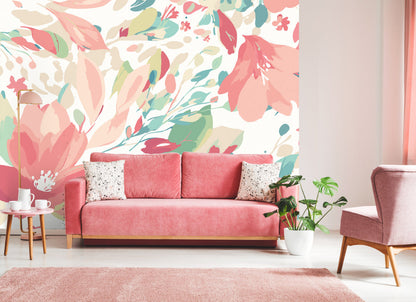 Origin Murals Flowing Flowers Coral Pink 300cm X 240cm