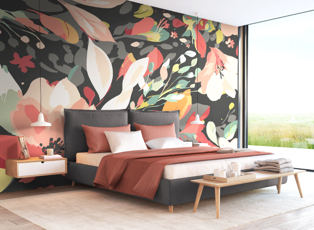 Origin Murals Flowing Flowers Charcoal Black Red 350cm X 280cm