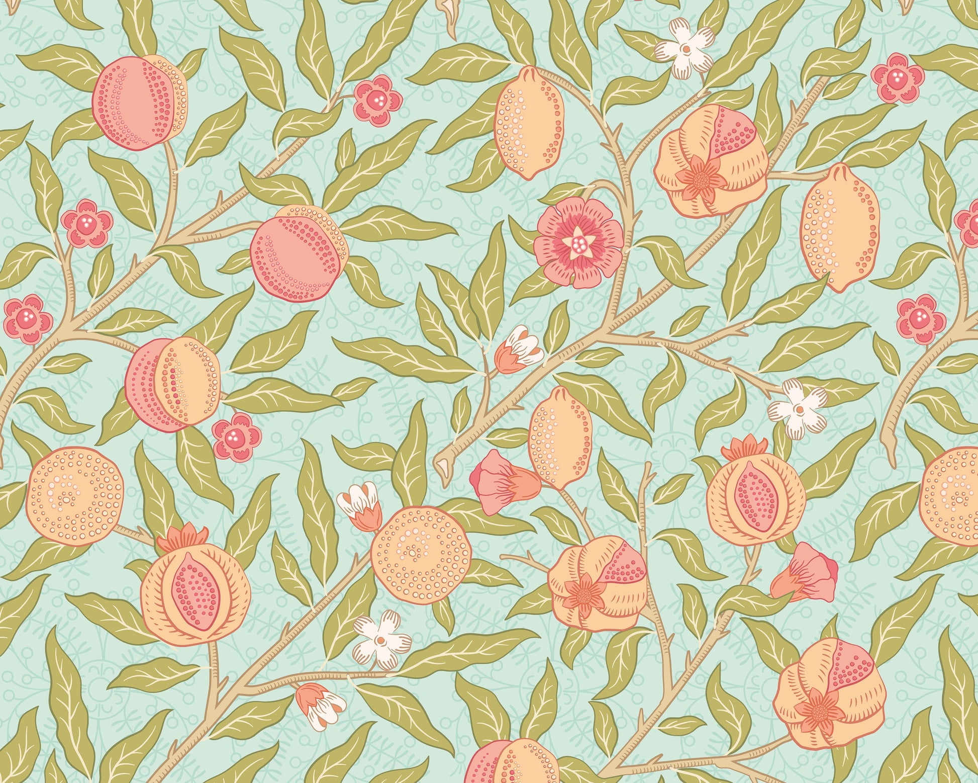 Origin Murals Fruit And Foliage Aqua And Apricot 350cm X 280cm - Hot Tub Shop