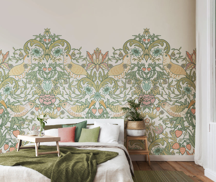Origin Murals Birds Fruit And Foliage Sage And Apricot 350cm X 280cm - Hot Tub Shop