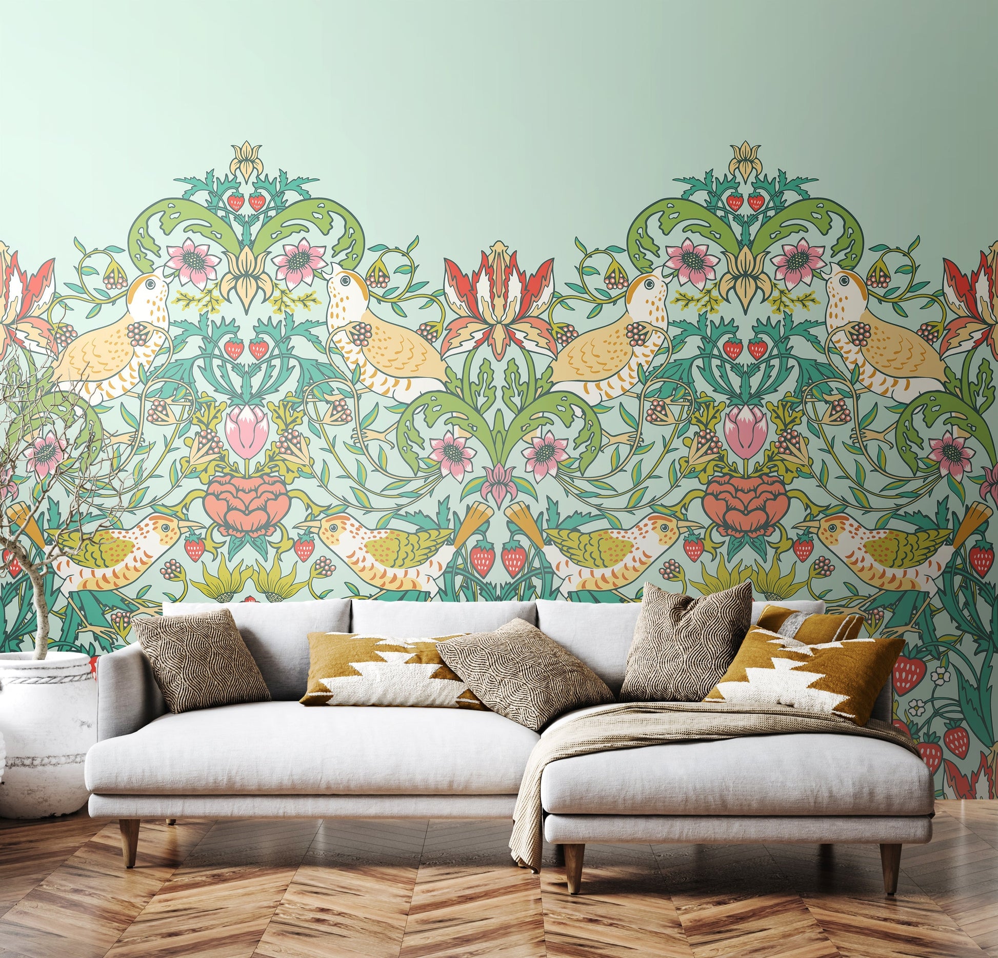 Origin Murals Birds Fruit And Foliage Duck Egg 300cm X 240cm - Hot Tub Shop
