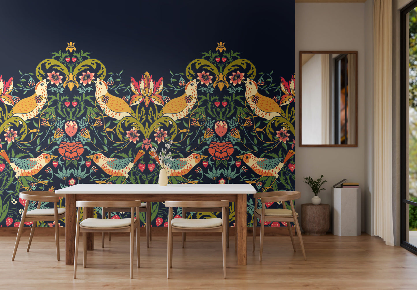 Origin Murals Birds Fruit And Foliage Navy And Coral 350cm X 280cm