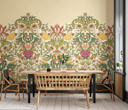 Origin Murals Birds Fruit And Foliage Gold And Olive 350cm X 280cm - Hot Tub Shop