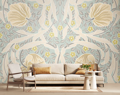 Origin Murals Flower Circle Duck Egg And Linen 350cm X 280cm