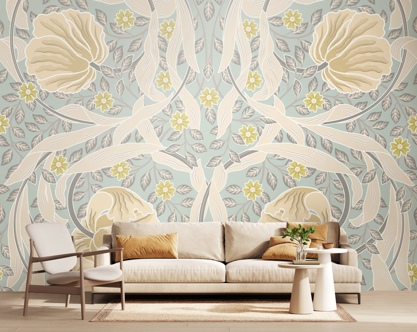 Origin Murals Flower Circle Duck Egg And Linen 300cm X 240cm