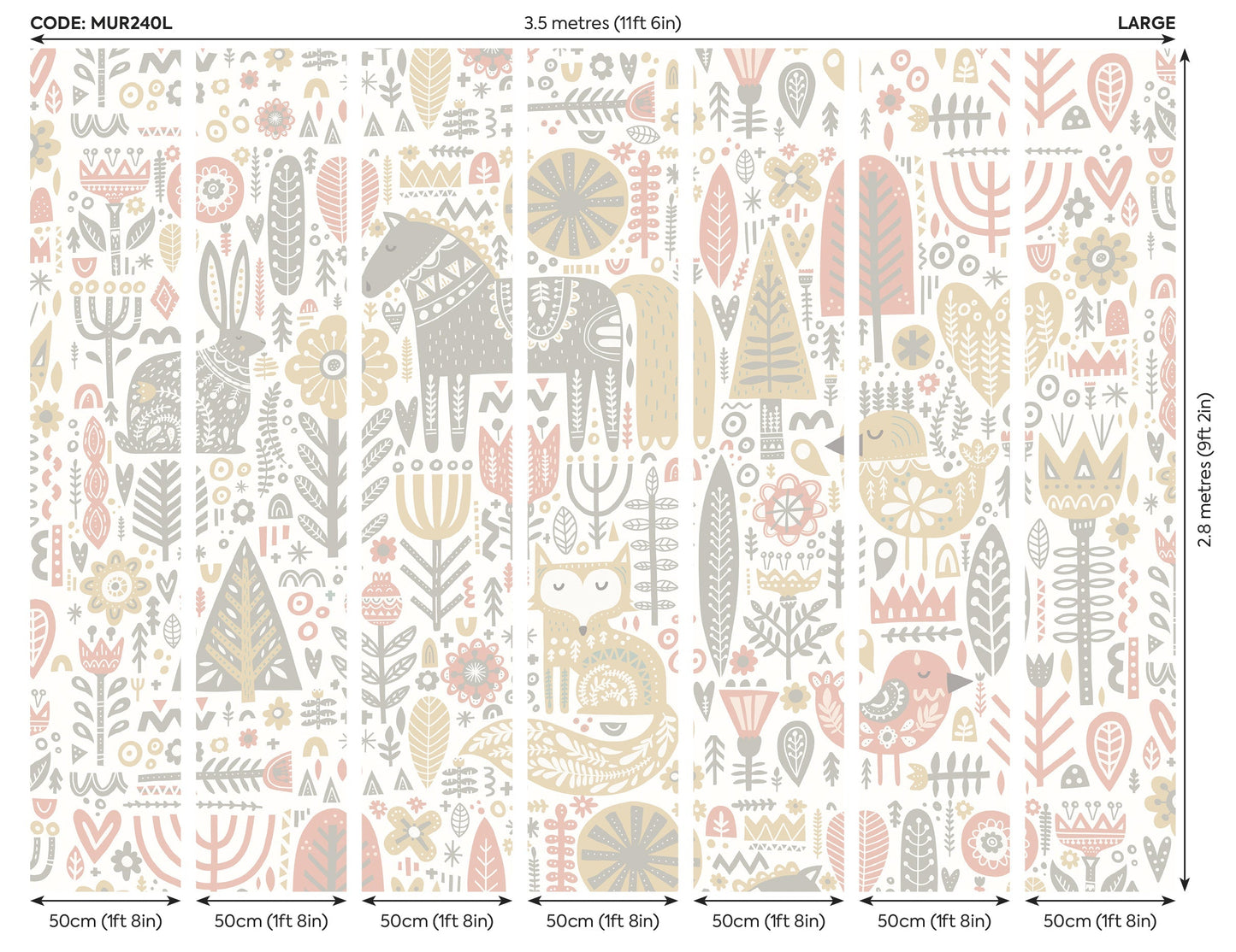 Origin Murals Scandi Forest Animals Blush Pink Grey 350cm X 280cm