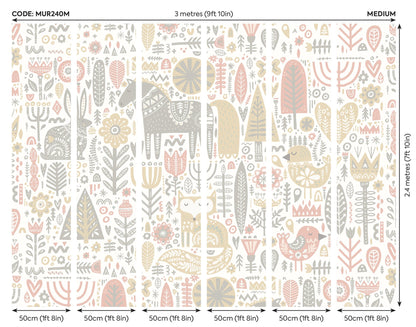 Origin Murals Scandi Forest Animals Blush Pink Grey 300cm X 240cm