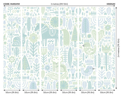 Origin Murals Scandi Forest Animals Teal Blue 300cm X 240cm