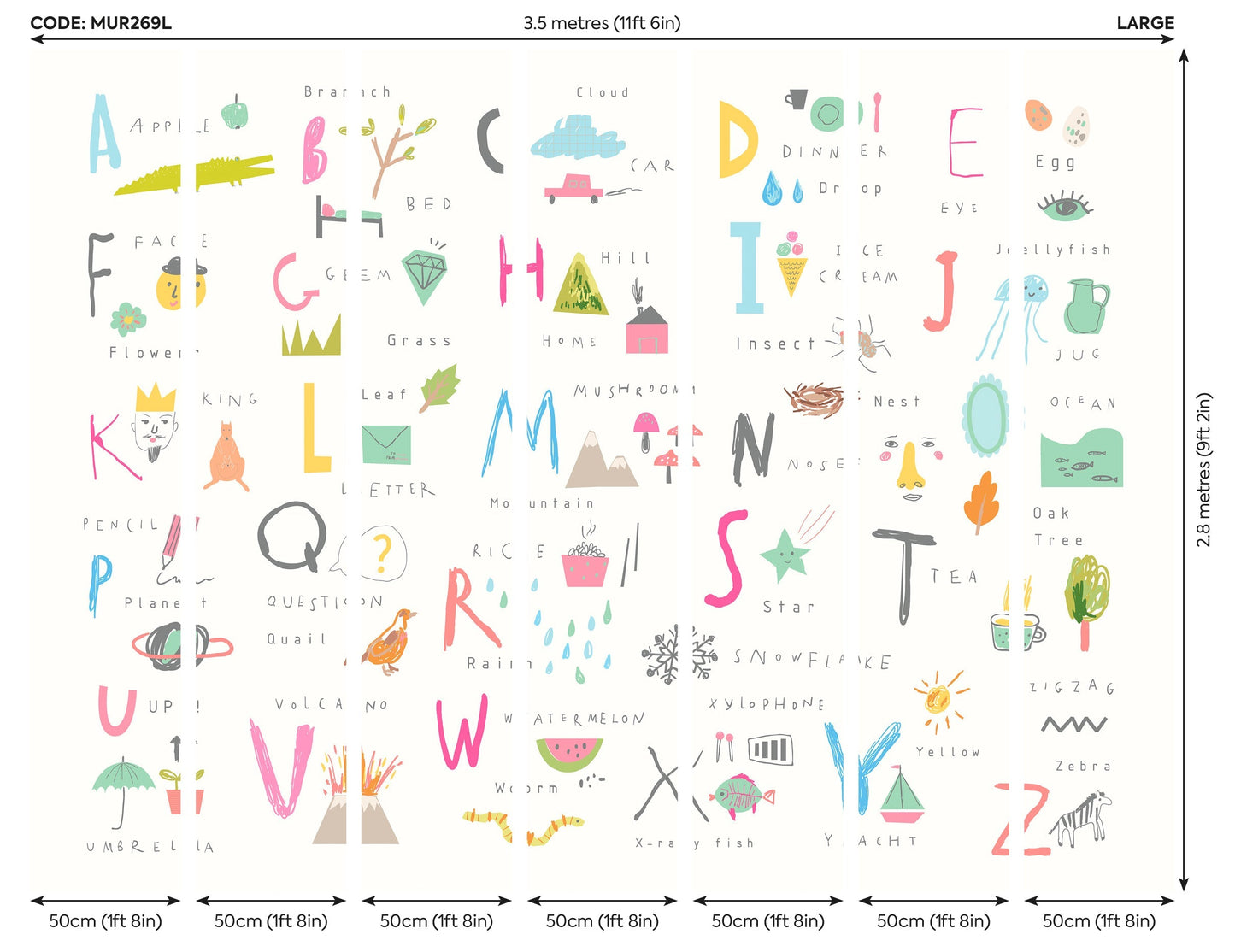 Origin Murals Childrens Alphabet Illustrations Multi Pink 350cm X 280cm