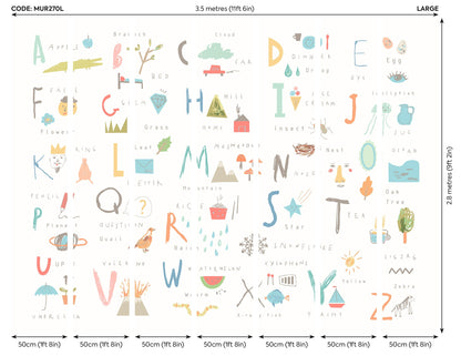 Origin Murals Childrens Alphabet Illustrations Multi Pastel 350cm X 280cm