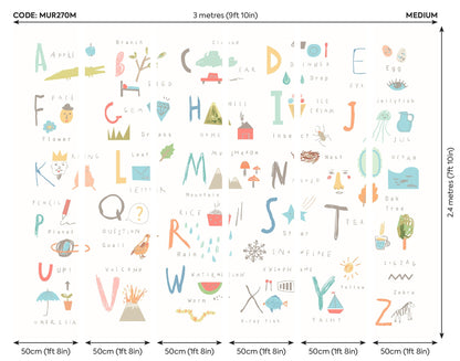 Origin Murals Childrens Alphabet Illustrations Multi Pastel 300cm X 240cm