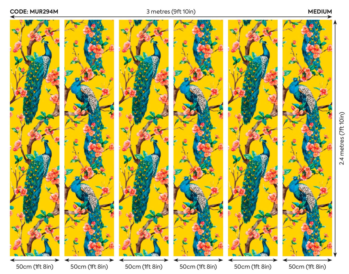 Origin Murals Flowery Peacocks Yellow 300cm X 240cm