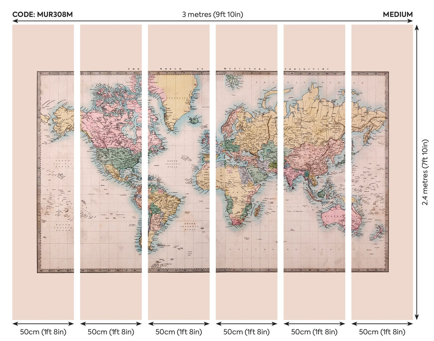 Origin Murals Historic World Map Natural 300cm X 240cm