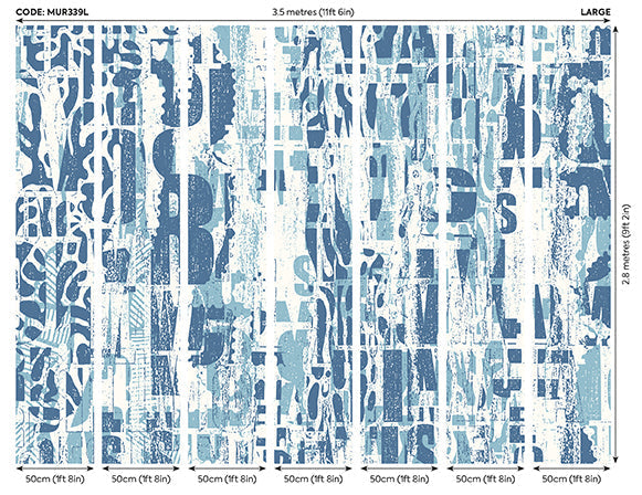 Origin Murals Letterpress Graffiti Denim Blue 350cm X 280cm