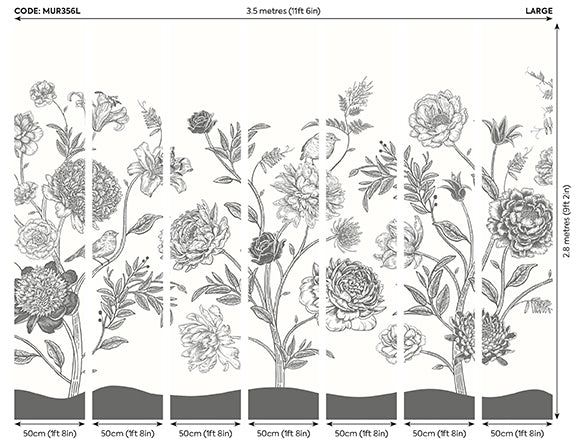 Origin Murals Jacobean Rose Trail Black White 350cm X 280cm