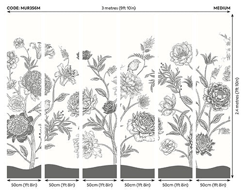 Origin Murals Jacobean Rose Trail Black White 300cm X 240cm