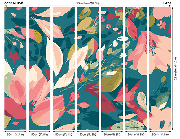 Origin Murals Flowing Flowers Teal Blue Coral 350cm X 280cm - Hot Tub Shop