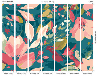 Origin Murals Flowing Flowers Teal Blue Coral 350cm X 280cm - Hot Tub Shop