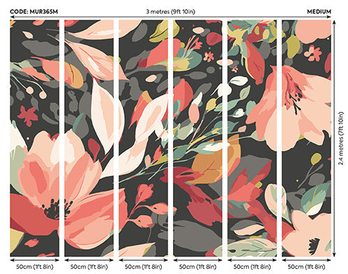 Origin Murals Flowing Flowers Charcoal Black Red 300cm X 240cm - Hot Tub Shop