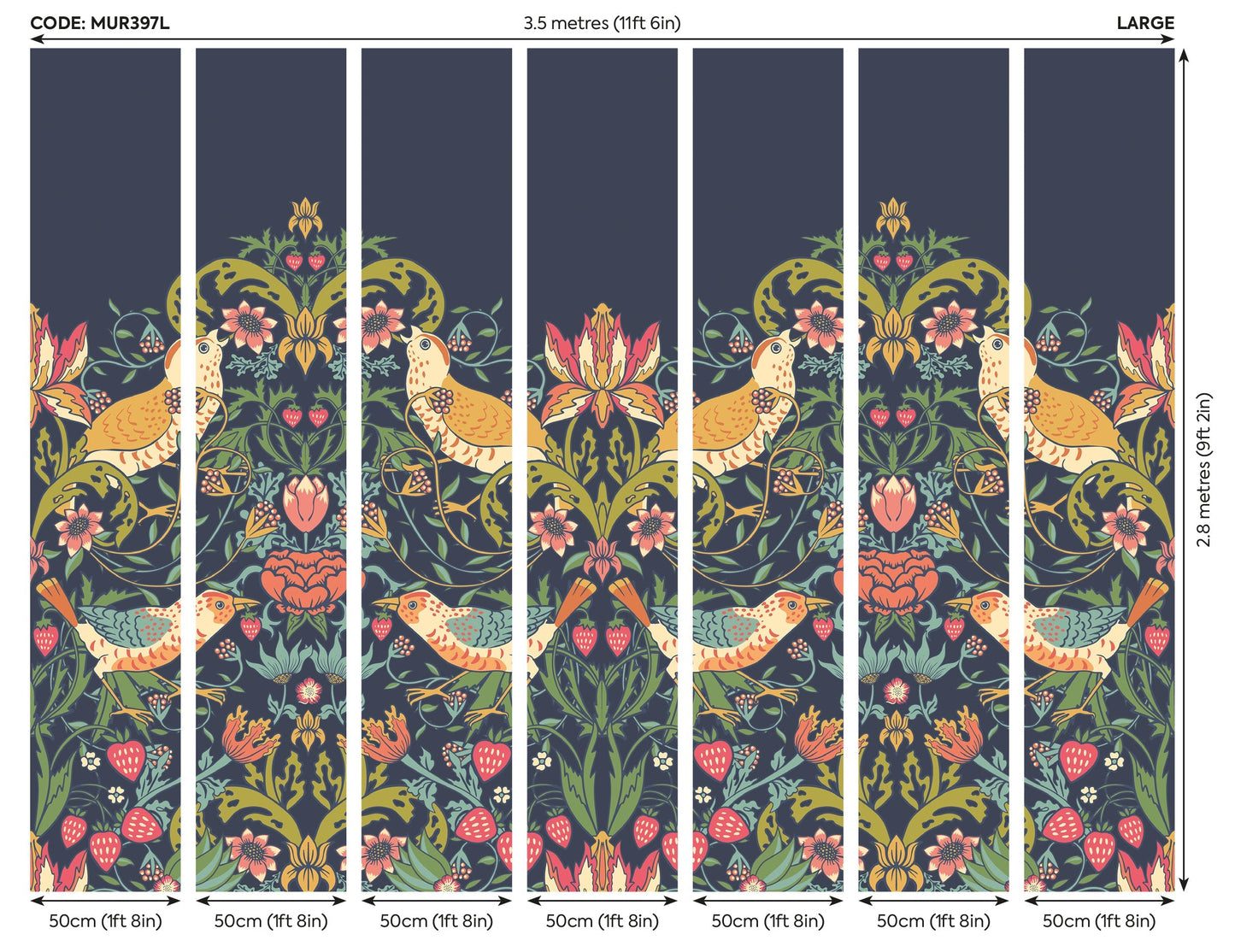 Origin Murals Birds Fruit And Foliage Navy And Coral 350cm X 280cm