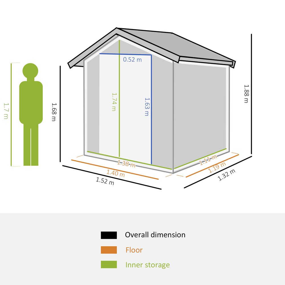 Outdoor Storage Shed, Sliding Door, Sloped Roof  152 x 132 x 188 cm, Grey